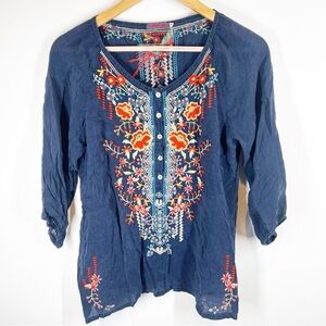 Johnny Was Blue Embroidered Blouse